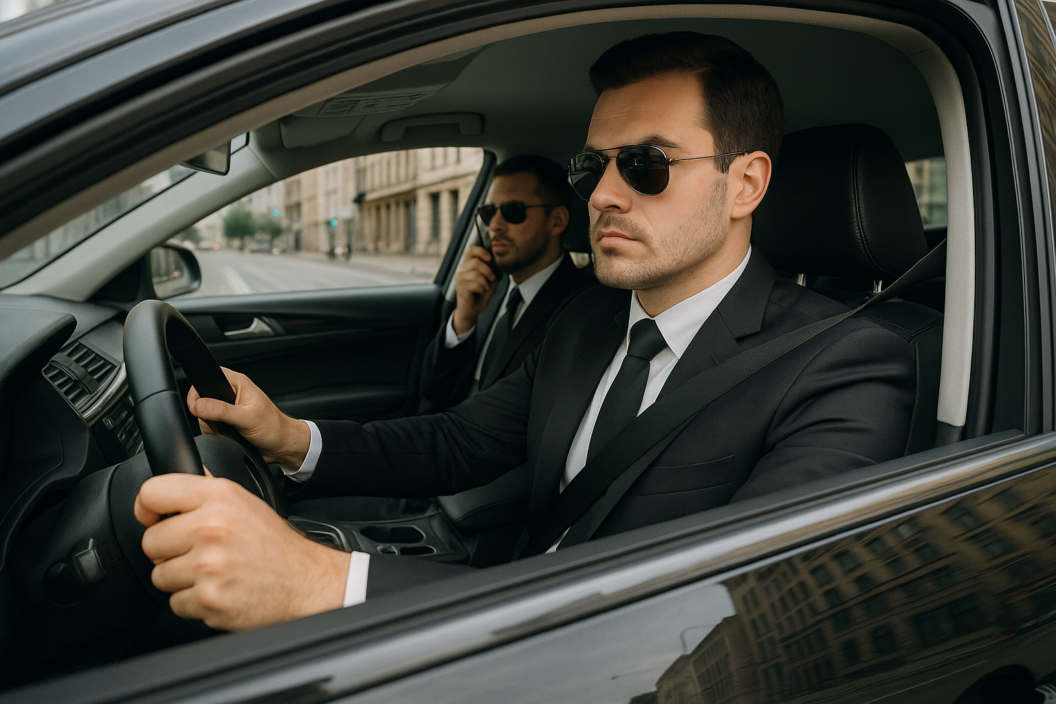 Due agenti di Close Protection che effettuano una scorta con auto